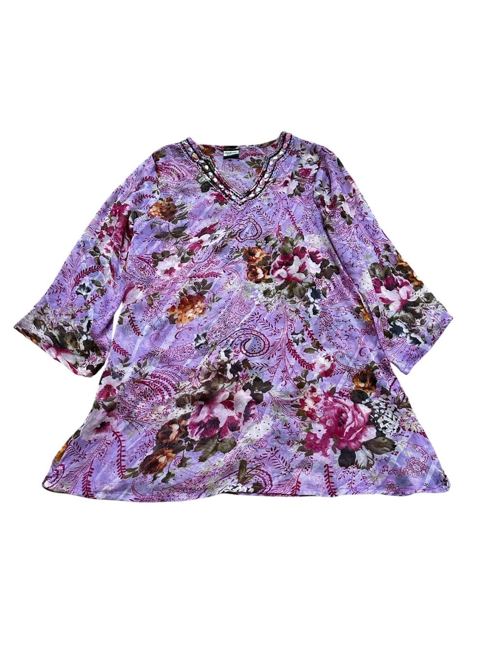 California Woman Floral Beaded Sequins Tunic Top Resortwear Boho Summer